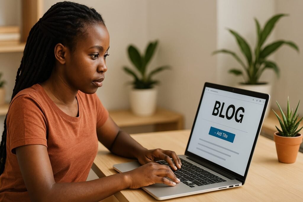 Young Kenyan blogger setting up a blog on laptop, how can you start a blog kenya