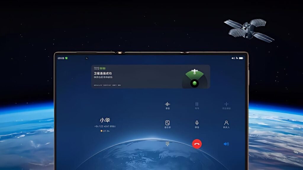 Triple-fold Huawei Mate XT 2 smartphone opening in Z-shape on a mountain top, with satellite signals in the background and a sleek futuristic UI